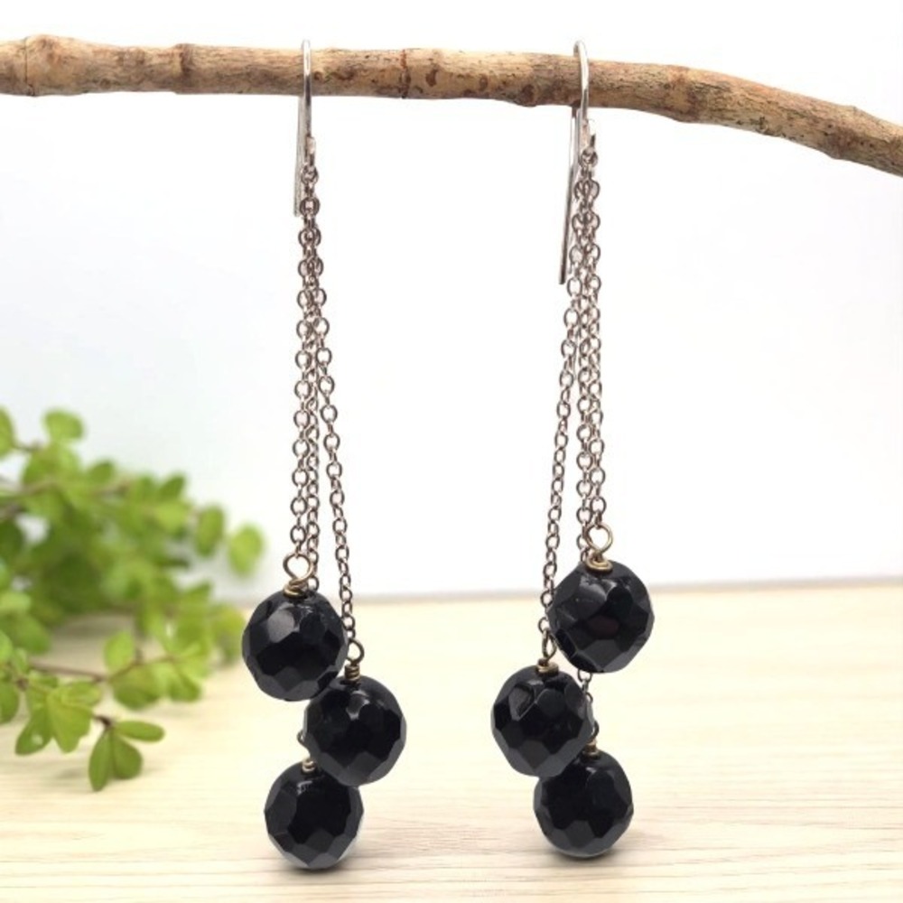 Long Silvertone Cable Chain Hook Earrings with Triple Faceted Onyx Drop Dangle